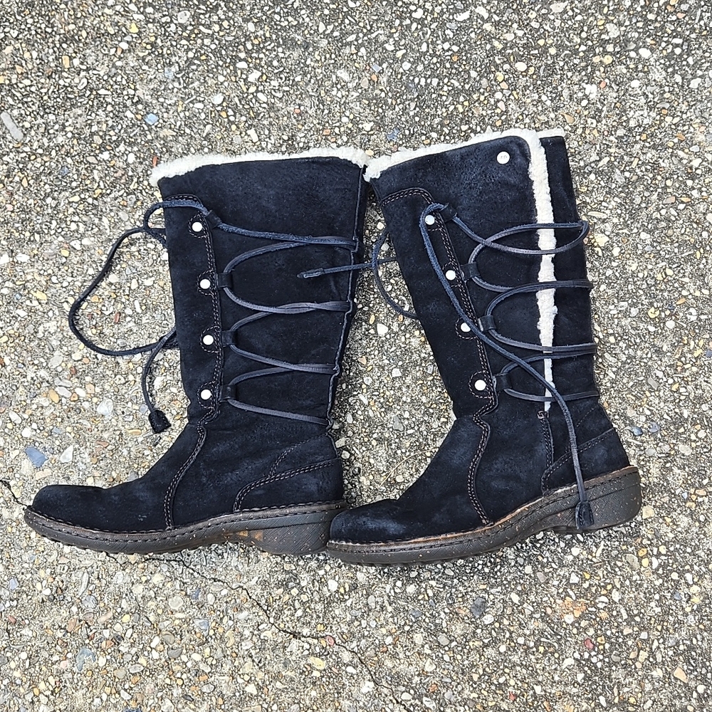 UGG Black Suede-Look Lace-Up Winter Boots with Shearling Trim